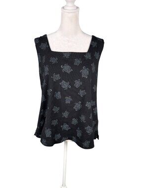 Fresh Produce XL Boxy Square Neck Tank Top Black w/ Blue Sea Turtles 100% Cotton